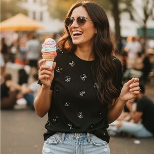 J. Crew Embellished sequin flower Cotton T-shirt XL Black